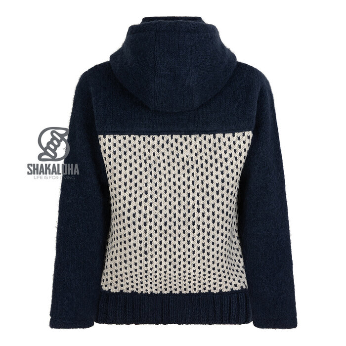 Shakaloha M Tundra Navy/Beige – men’s wool jacket with polyester fleece, YKK front zip, detachable hood with anti‐opening button, kangaroo pocket with fleece lining + internal chest pocket with zipper, 2 wool drawcords with wooden rings engraved with the Shakaloha