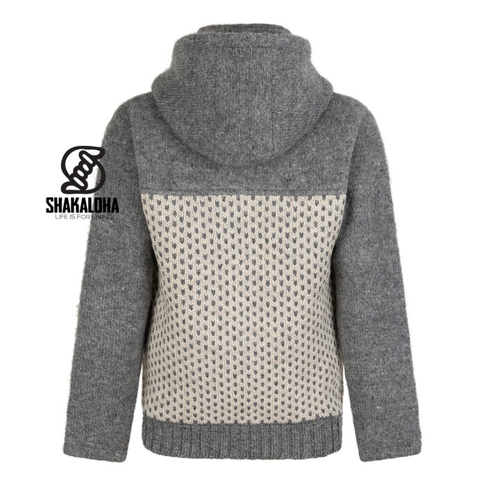 Shakaloha M Tundra Grey/Beige – men’s wool jacket with polyester fleece, YKK front zip, detachable hood with anti‐opening button, kangaroo pocket with fleece lining + internal chest pocket with zipper, 2 wool drawcords with wooden rings engraved with the Shakaloha