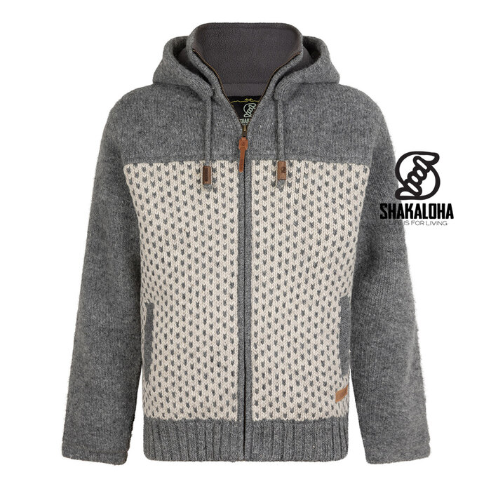 Shakaloha M Tundra Grijs/Beige – wollen herenvest met polyester fleece, YKK frontzip, afritsbare capuchon met anti-open knopje, kangoeroezak met fleecevoering + interne borstzak met rits, 2 wollen trekkoorden met houten ringen gegraveerd met Shakaloha‑logo, regular