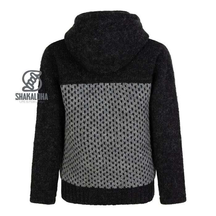 Shakaloha M Tundra Anthrazit/Grau – Herren‐Wolljacke mit Polyesterfleece, YKK Frontzip, abnehmbare Kapuze mit Anti‐Öffnungsknopf, Kängurutasche mit Fleecefutter + innere Brusttasche mit Reißverschluss, 2 Wollkordeln mit Holzringen, graviertes Shakaloha‐Logo, Regula