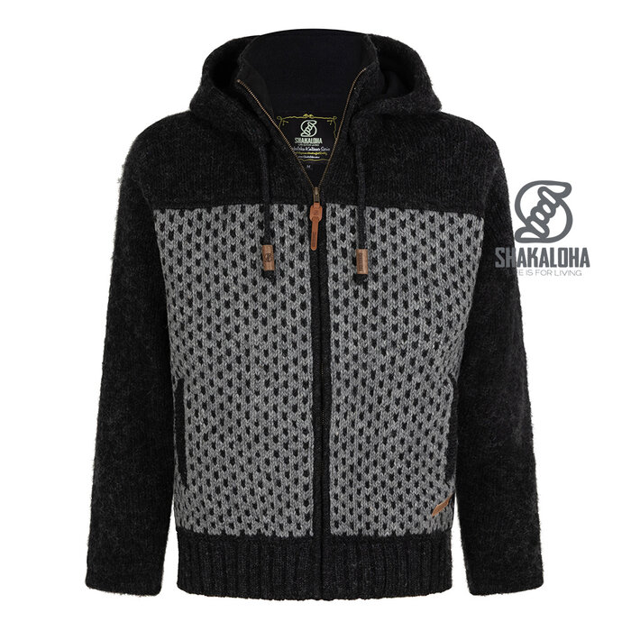Shakaloha M Tundra Anthracite Grey – men’s wool jacket with polyester fleece, YKK front zip, detachable hood with anti‐opening button, kangaroo pocket with fleece lining + internal chest pocket with zipper, 2 wool drawcords with wooden rings engraved with the Shaka