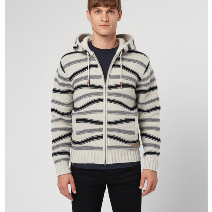 Shakaloha M Luma – men’s wool knit jacket with fleece lining, YKK front zip, detachable hood with drawcords, 2 hand pockets, rib cuffs & hem, regular fit.