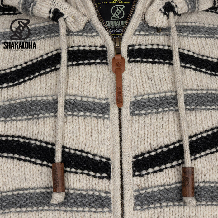 Shakaloha M Luma – men’s wool knit jacket with fleece lining, YKK front zip, detachable hood with drawcords, 2 hand pockets, rib cuffs & hem, regular fit.