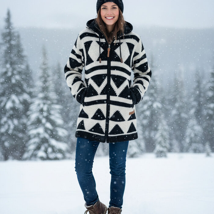 Shakaloha Cardigan en laine tricote Pendle ZipHood noir et blanc pour femme