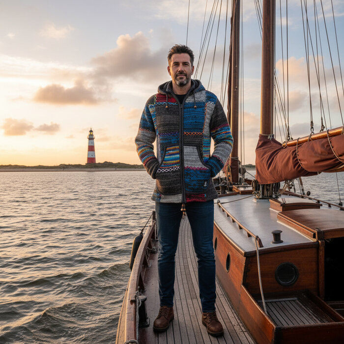 Shakaloha Gilet en laine tricote Shakaloha Patch ZH avec doublure polaire et capuche amovible - Homme/Uni - Fait main au Npal en laine de mouton