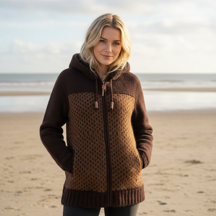 Shakaloha W Iska koffie/camel – wollen damesvest met afneembare capuchon