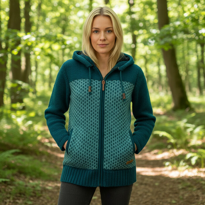 Shakaloha W Iska aqua – wollen damesvest met afneembare capuchon