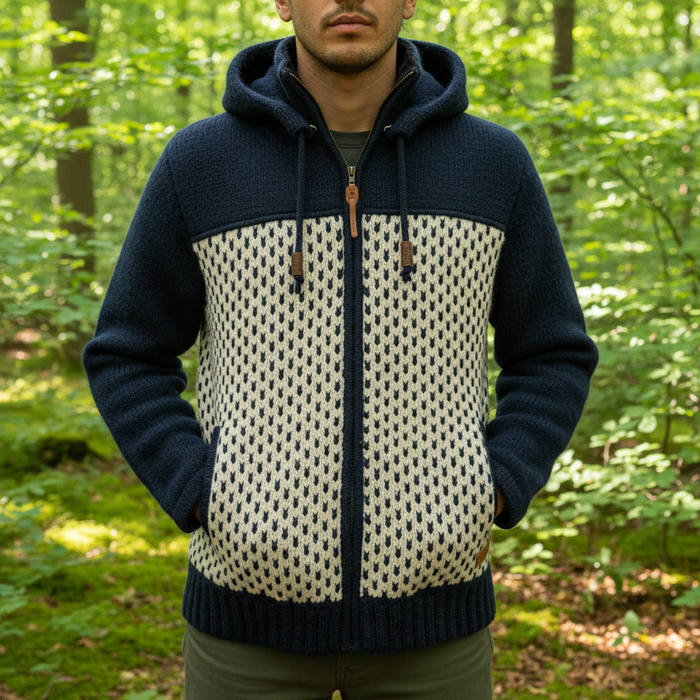 Shakaloha M Tundra Bleu marine/Beige – veste en laine homme avec polaire polyester, zip frontal YKK, capuche amovible avec bouton anti‐ouverture, poche kangourou doublée polaire + poche poitrine intérieure zippée, 2 cordons en laine avec anneaux en bois gravés du l