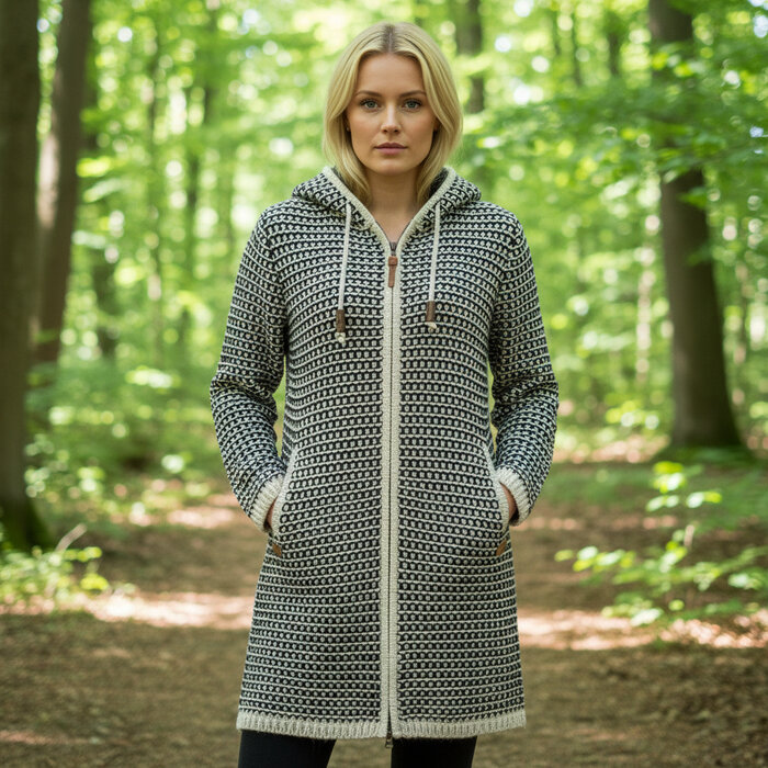 Shakaloha W Anzio Noir/Blanc – long gilet femme en laine, doublure polaire, zip YKK double, capuche, poche intérieure zippée, 2 poches, coupe regular