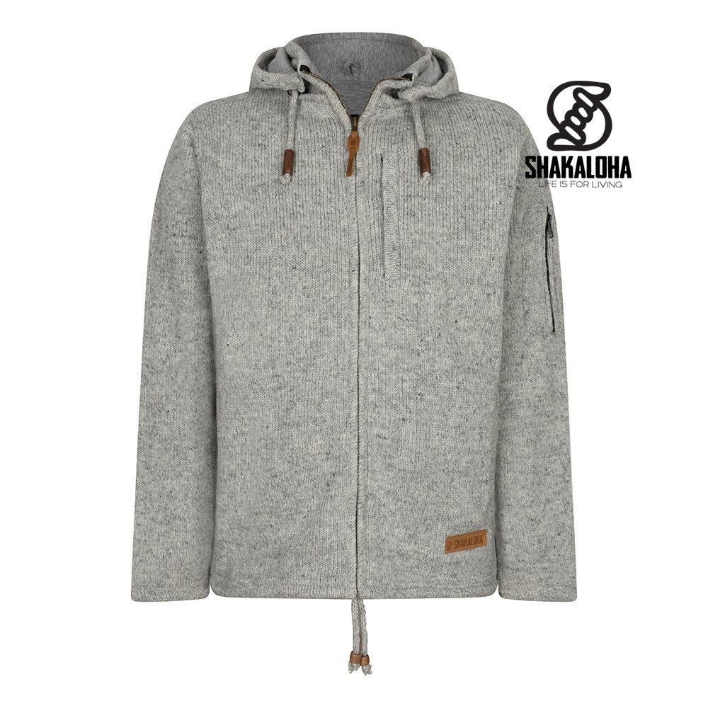 Shakaloha Chaleco de lana de punto Shakaloha Splendor ZH gris con forro de algodón y capucha desmontable - Hombre/Unisex - Hecho a mano en Nepal con lana de oveja
