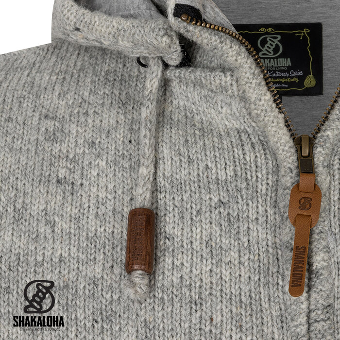 Shakaloha Gilet Shakaloha en laine tricotée Splendor ZH gris avec doublure en coton et capuche amovible - Homme/Unique - Fabriqué à la main au Népal à partir de laine de mouton