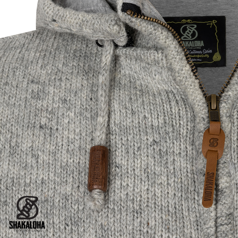 Shakaloha Gilet Shakaloha en laine tricotée Splendor ZH gris avec doublure en coton et capuche amovible - Homme/Unique - Fabriqué à la main au Népal à partir de laine de mouton
