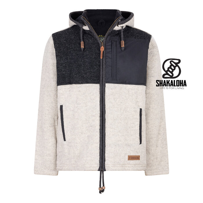 Shakaloha M Creek BeigeAntra – handgebreid wollen heren vest met fleece voering en capuchon (Made in Nepal)