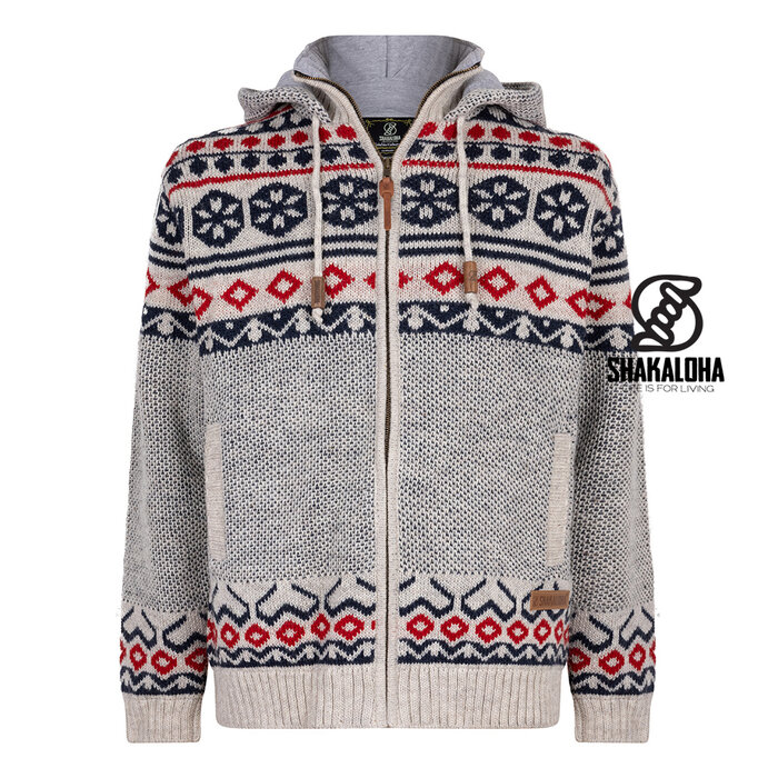 Shakaloha Shakaloha M Waus Bleu-Blanc — veste en laine tricotée main avec capuche amovible et doublure jersey coton