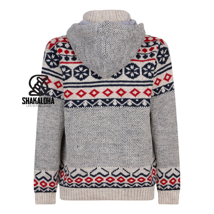 Shakaloha Shakaloha M Waus Azul-Blanco — chaqueta de lana tejida a mano con capucha desmontable y forro de jersey de algodón