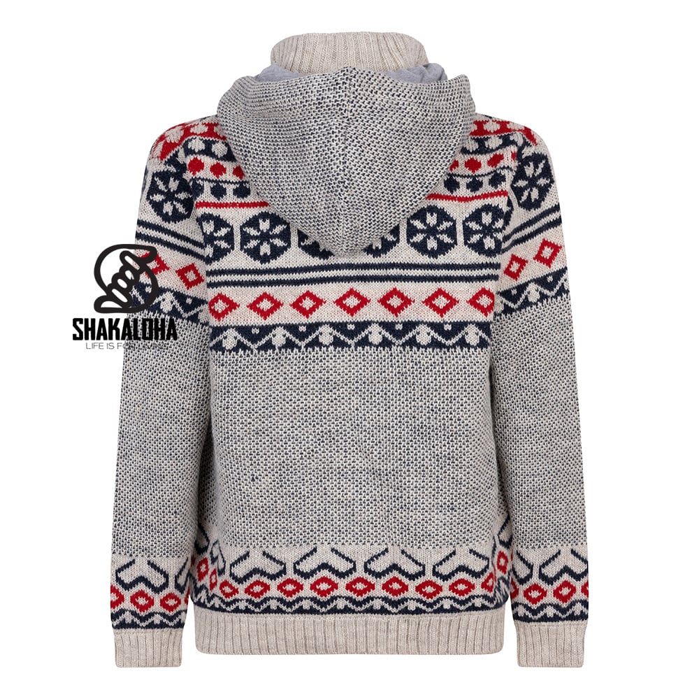 Shakaloha Shakaloha M Waus Blauw-Wit — handgebreide wollen jas met afneembare capuchon en katoenen jersey voering