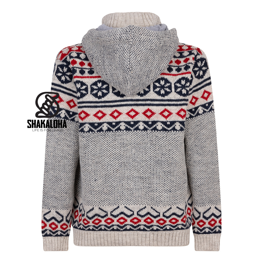 Shakaloha Shakaloha M Waus Bleu-Blanc — veste en laine tricotée main avec capuche amovible et doublure jersey coton