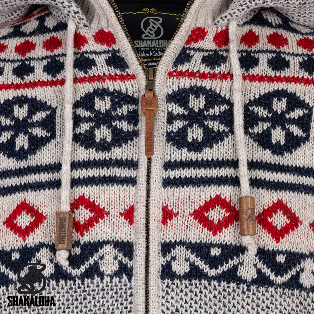 Shakaloha Shakaloha M Waus Blauw-Wit — handgebreide wollen jas met afneembare capuchon en katoenen jersey voering