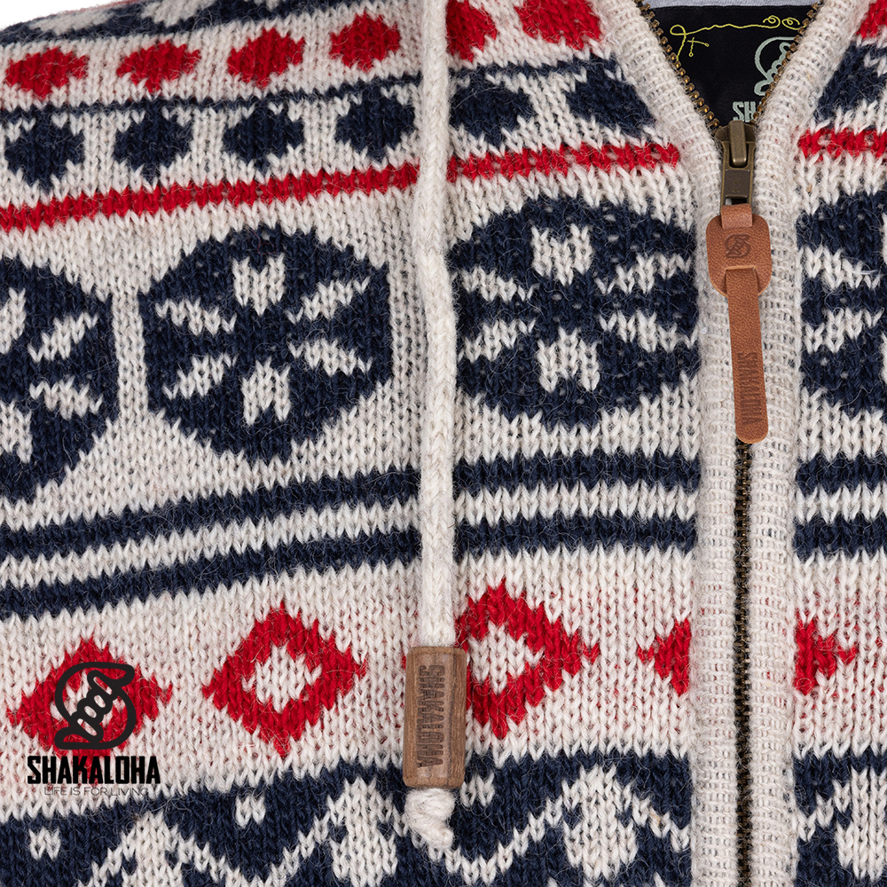 Shakaloha Shakaloha M Waus Bleu-Blanc — veste en laine tricotée main avec capuche amovible et doublure jersey coton