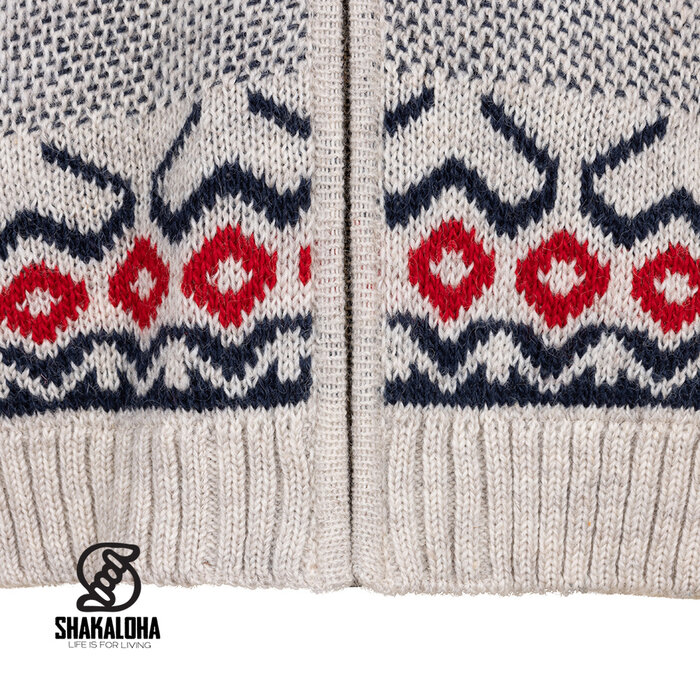 Shakaloha Shakaloha M Waus Blauw-Wit — handgebreide wollen jas met afneembare capuchon en katoenen jersey voering