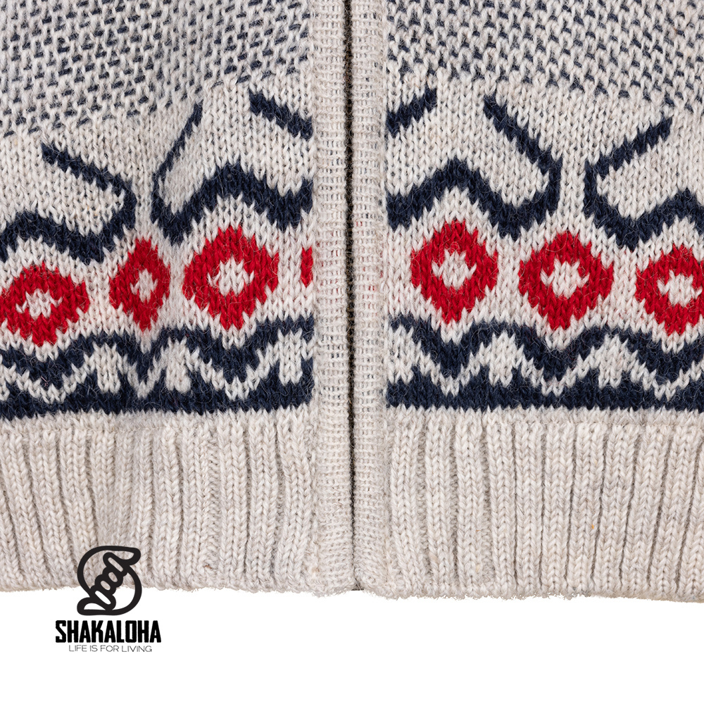 Shakaloha Shakaloha M Waus Blauw-Wit — handgebreide wollen jas met afneembare capuchon en katoenen jersey voering