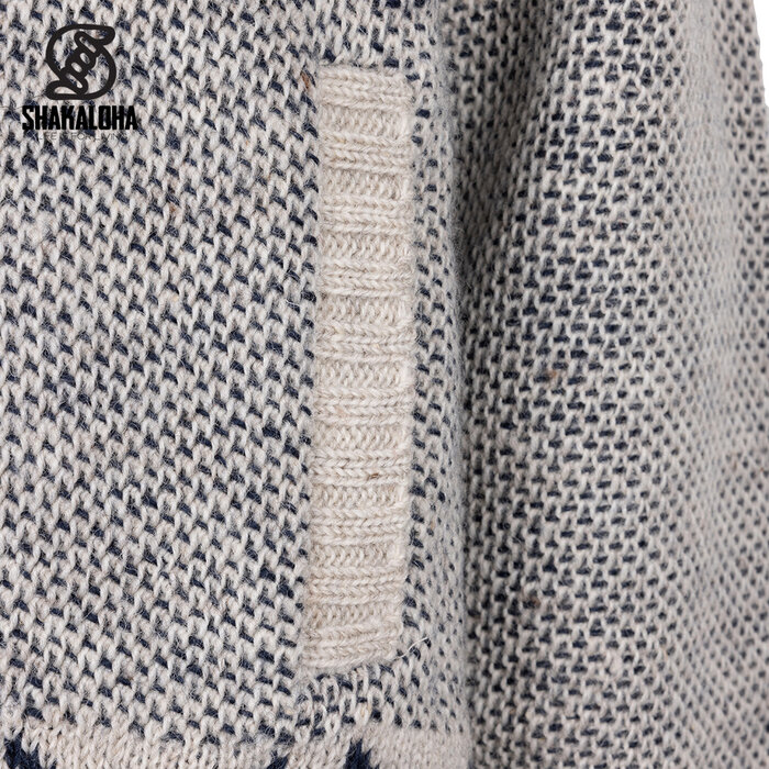 Shakaloha Shakaloha M Waus Blue-White — handknitted wool jacket with detachable hood and cotton jersey lining