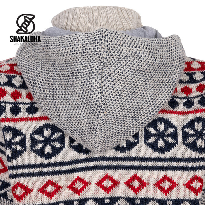Shakaloha Shakaloha M Waus Blau-Weiß — handgestrickte Wolljacke mit abnehmbarer Kapuze und Baumwolljersey-Futter
