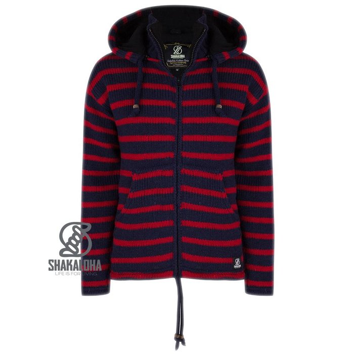 Shakaloha Chaleco de punto de lana Shakaloha con capucha dividida y cremallera, color azul marino y rojo, forro polar y capucha desmontable - Hombre/Unisex - Hecho a mano en Nepal con lana de oveja
