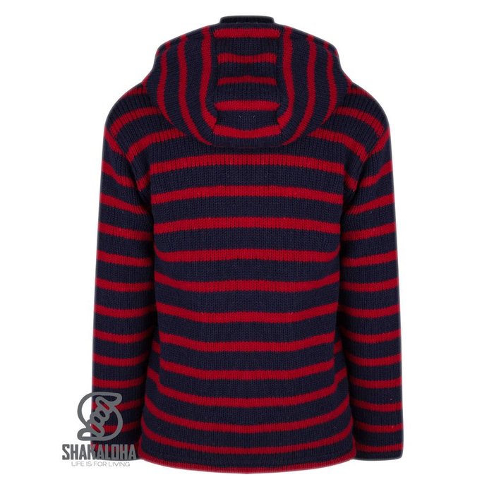 Shakaloha Shakaloha Knitted Woolen Jacket Split Ziphood Navy Blue Red with Fleece Lining and Detachable Hood - Men - Unisex - Handmade in Nepal from sheep's wool