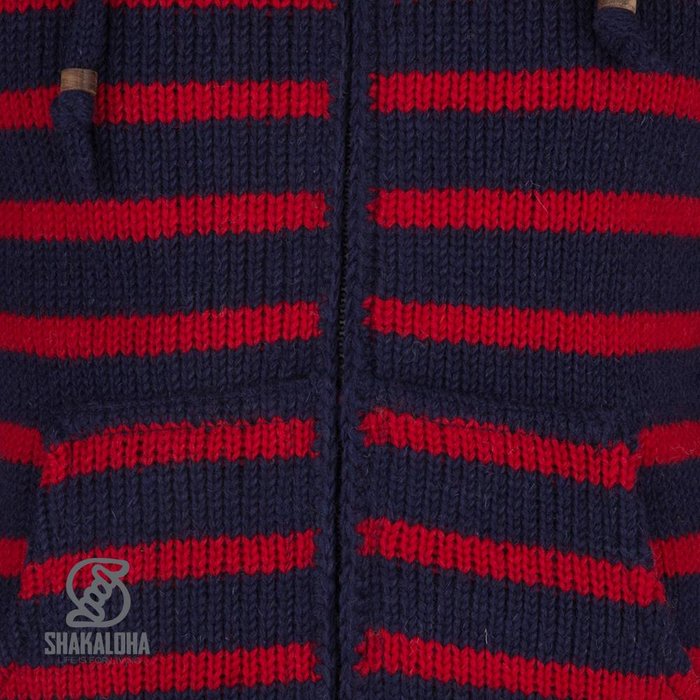Shakaloha Shakaloha Knitted Woolen Jacket Split Ziphood Navy Blue Red with Fleece Lining and Detachable Hood - Men - Unisex - Handmade in Nepal from sheep's wool
