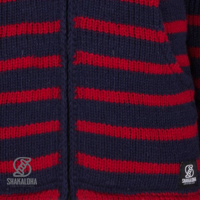 Shakaloha Shakaloha Knitted Woolen Jacket Split Ziphood Navy Blue Red with Fleece Lining and Detachable Hood - Men - Unisex - Handmade in Nepal from sheep's wool