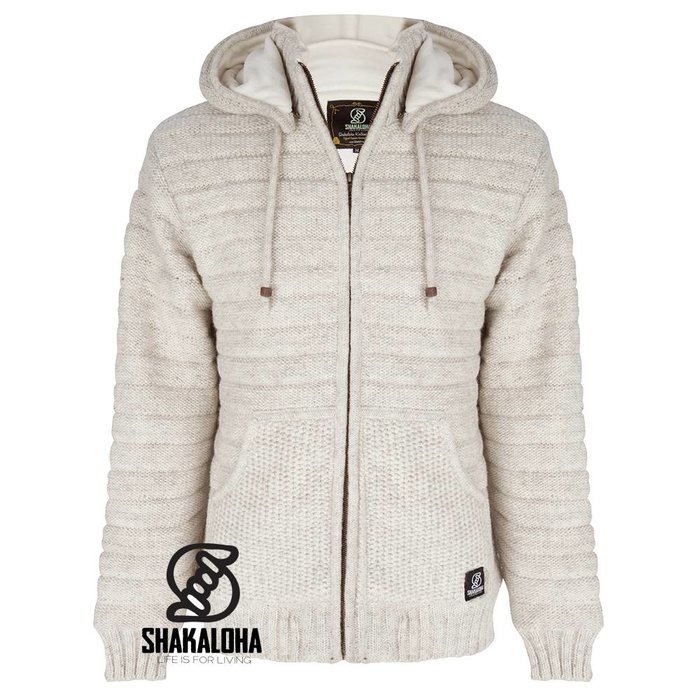 Shakaloha Shakaloha Knitted Woolen Jacket Chuck Ziphood Beige Cream with Fleece Lining and Detachable Hood - Men - Unisex - Handmade in Nepal from sheep's wool