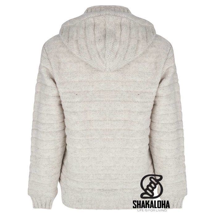 Shakaloha Shakaloha Knitted Woolen Jacket Chuck Ziphood Beige Cream with Fleece Lining and Detachable Hood - Men - Unisex - Handmade in Nepal from sheep's wool