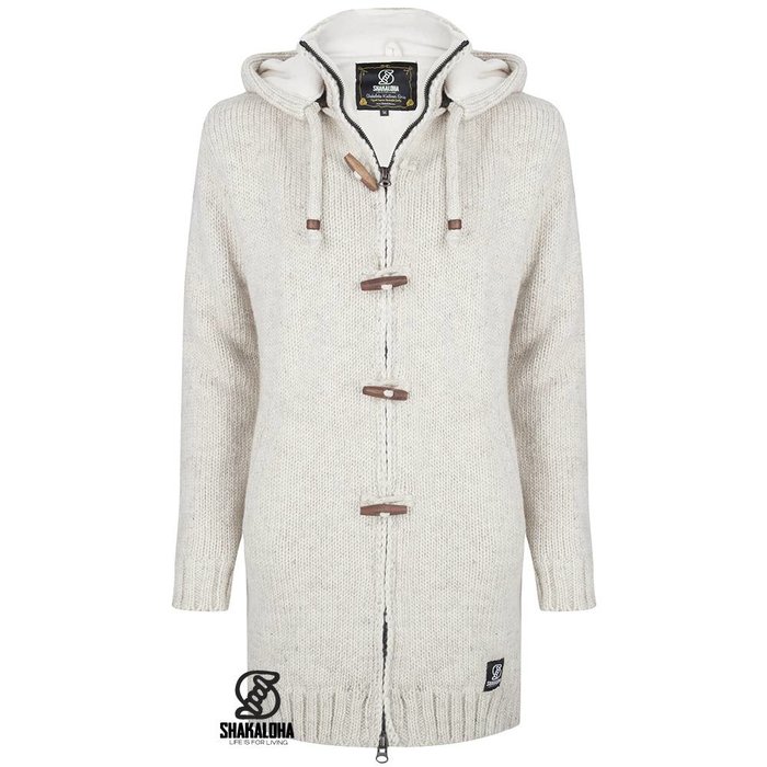 Shakaloha Shakaloha Strick-Wollcardigan Woodcord Ziphood Beige Creme mit Fleecefutter und abnehmbarer Kapuze – Damen – Handgefertigt in Nepal aus Schafwolle