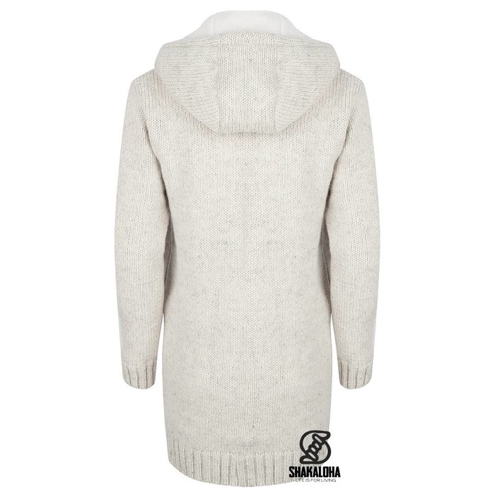 Shakaloha Cárdigan de punto Shakaloha de lana con capucha de cordón de madera, color beige crema, forro polar y capucha desmontable - Mujer - Hecho a mano en Nepal con lana de oveja