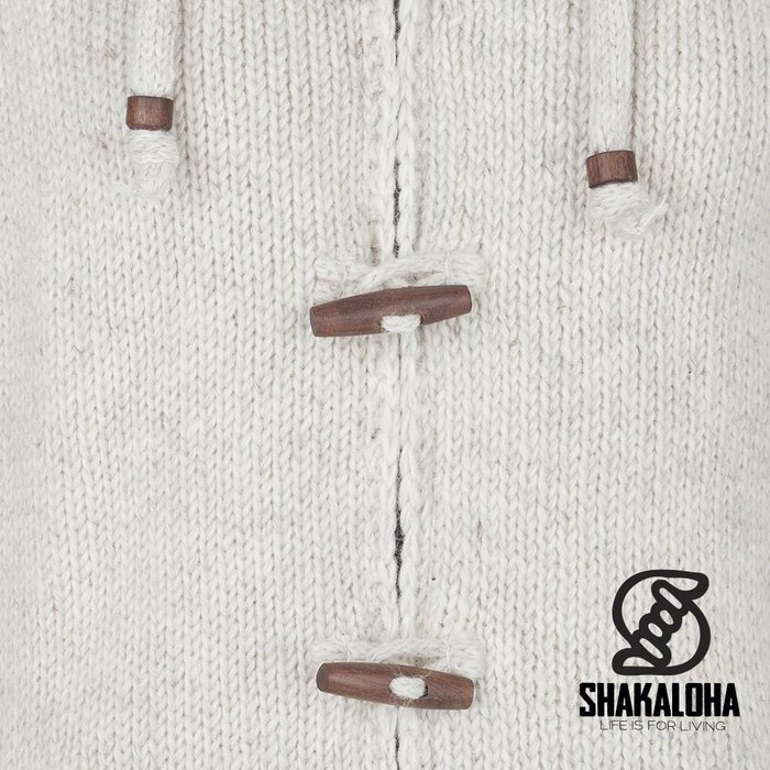 Shakaloha Shakaloha Strick-Wollcardigan Woodcord Ziphood Beige Creme mit Fleecefutter und abnehmbarer Kapuze – Damen – Handgefertigt in Nepal aus Schafwolle