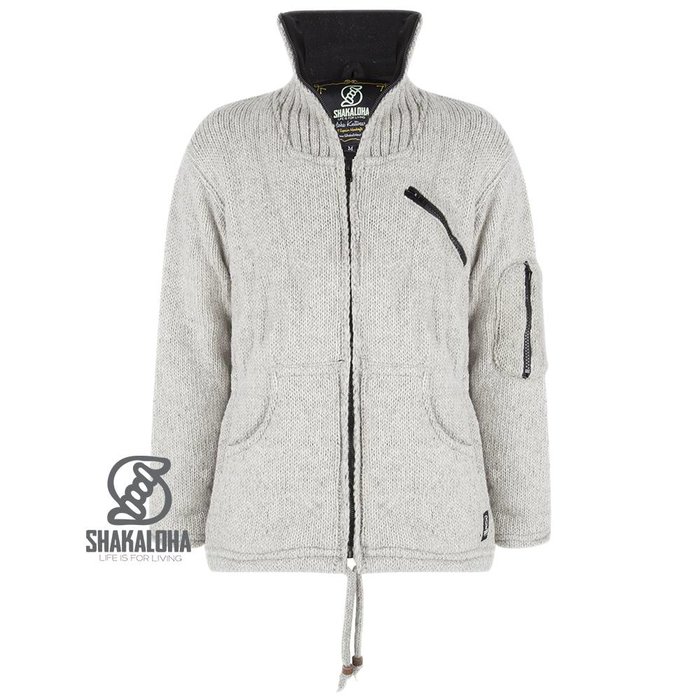 Shakaloha Shakaloha Knitted Woolen Jacket Crush Collar Gray with Fleece Lining and High Collar - Men - Unisex - Handmade in Nepal from sheep's wool