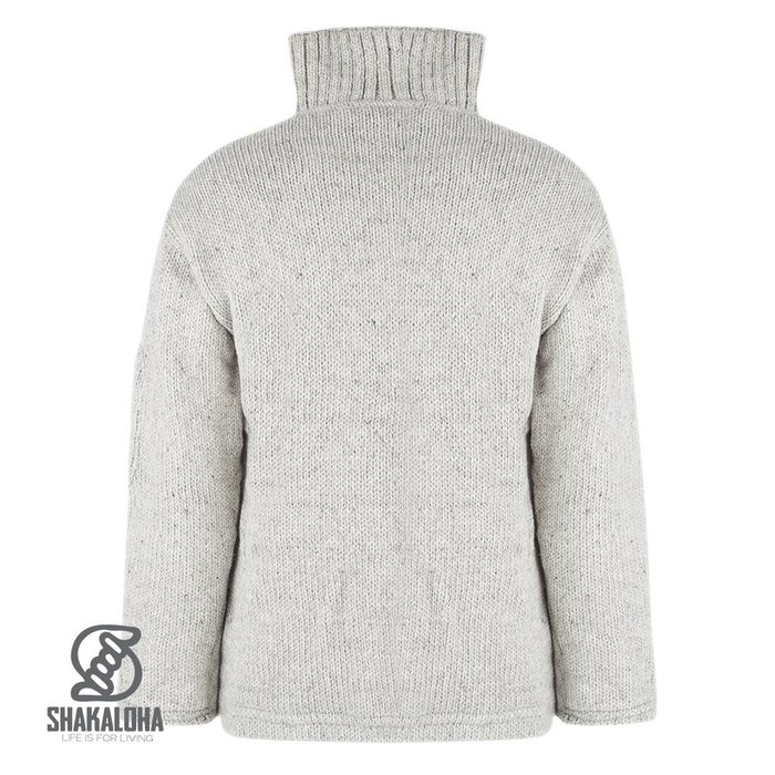 Shakaloha Shakaloha Knitted Woolen Jacket Crush Collar Gray with Fleece Lining and High Collar - Men - Unisex - Handmade in Nepal from sheep's wool