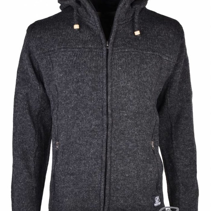 Shakaloha Shakaloha Knitted Woolen Jacket Navigator Anthracite with Fleece Lining and Detachable Hood - Men - Unisex - Handmade in Nepal from sheep's wool