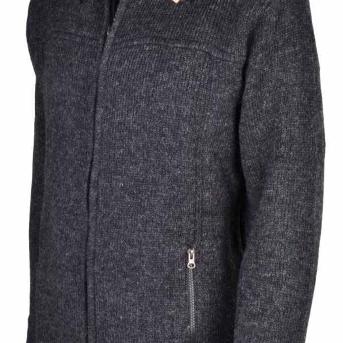 Shakaloha Shakaloha Knitted Woolen Jacket Navigator Anthracite with Fleece Lining and Detachable Hood - Men - Unisex - Handmade in Nepal from sheep's wool