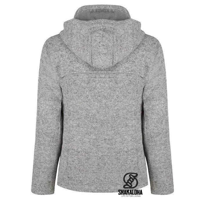 Shakaloha Cardigan en laine tricoté Shakaloha gris navigateur avec doublure en polaire et capuche amovible - homme/uni - fait à la main au Népal à partir de laine de mouton