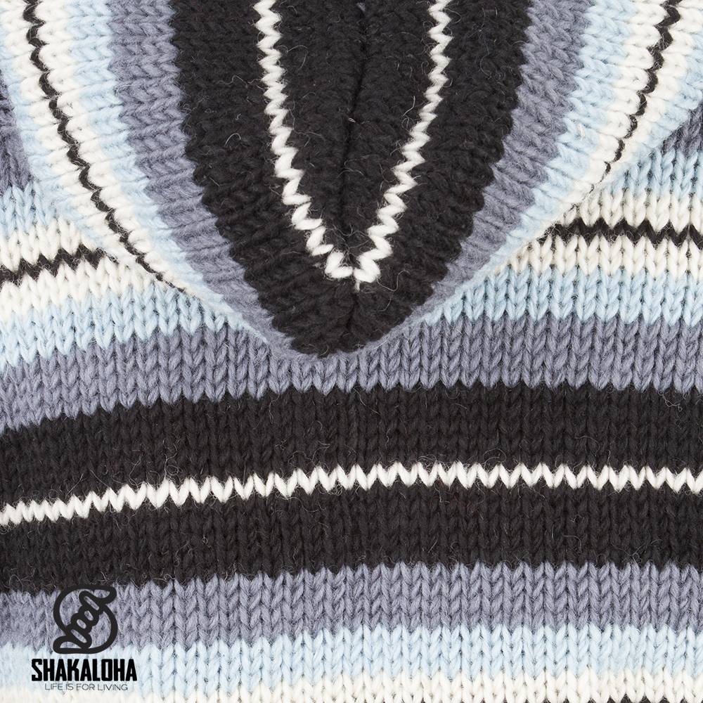 Shakaloha Cardigan en laine tricotée Shakaloha Pilgrim Grey Bleu clair avec doublure en polaire et capuche avec col intérieur - Femme - Fabriqué à la main au Népal à partir de laine de mouton