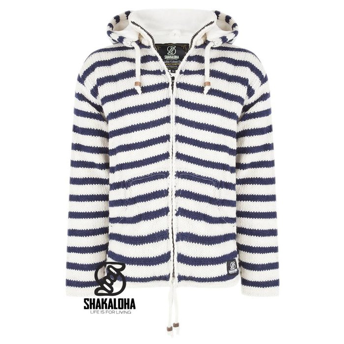 Shakaloha Shakaloha Gebreid Wollen Vest Split Ziphood Wit Navy Blauw met Fleece Voering en Afneembare Capuchon - Man/Uni - Handgemaakt in Nepal van Schapenwol
