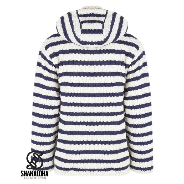 Shakaloha Shakaloha Knitted Woolen Jacket Split Ziphood White Navy Blue with Fleece Lining and Detachable Hood - Men - Unisex - Handmade in Nepal from sheep's wool