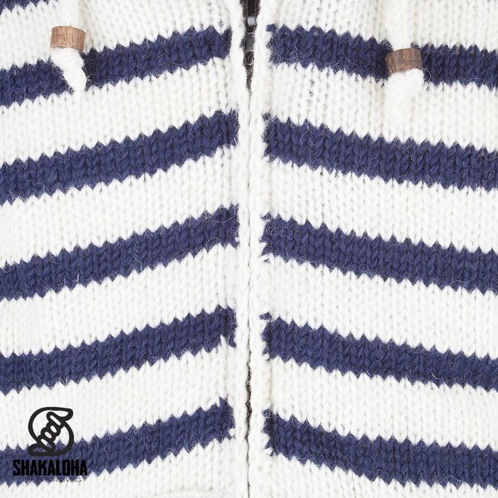 Shakaloha Shakaloha Gestrickte Wollweste mit geteilter Reißverschlusskapuze, Weiß, Marineblau, mit Fleecefutter und abnehmbarer Kapuze – Herren/Uni – Handgefertigt in Nepal aus Schafwolle