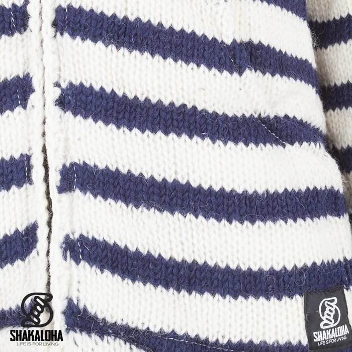 Shakaloha Shakaloha Gebreid Wollen Vest Split Ziphood Wit Navy Blauw met Fleece Voering en Afneembare Capuchon - Man/Uni - Handgemaakt in Nepal van Schapenwol