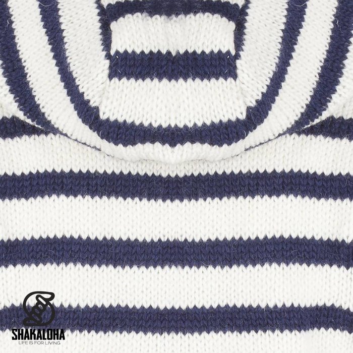 Shakaloha Shakaloha Gestrickte Wollweste mit geteilter Reißverschlusskapuze, Weiß, Marineblau, mit Fleecefutter und abnehmbarer Kapuze – Herren/Uni – Handgefertigt in Nepal aus Schafwolle