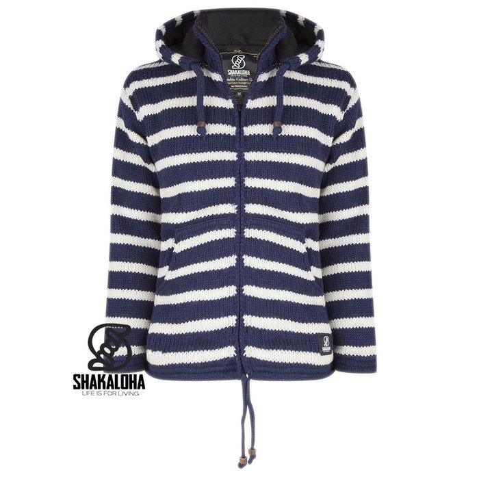 Shakaloha Shakaloha Knitted Woolen Jacket Split Ziphood Navy Blue White with Fleece Lining and Detachable Hood - Men - Unisex - Handmade in Nepal from sheep's wool