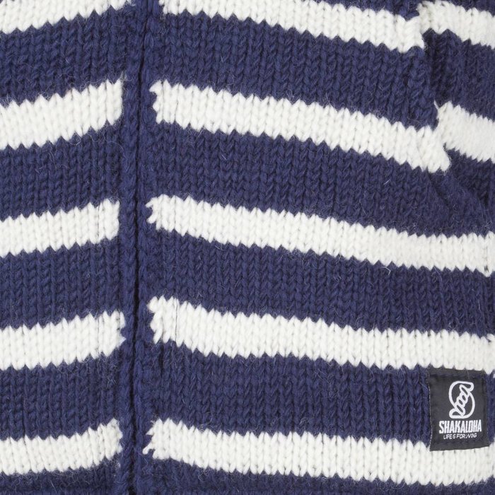 Shakaloha Chaleco de punto de lana Shakaloha con capucha dividida y cremallera, color azul marino y blanco, con forro polar y capucha desmontable - Hombre/Unisex - Hecho a mano en Nepal con lana de oveja