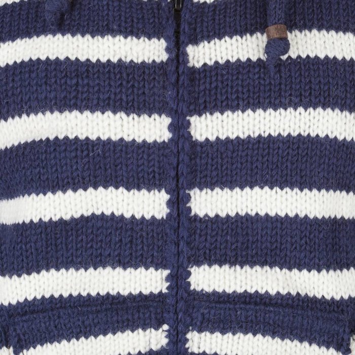 Shakaloha Chaleco de punto de lana Shakaloha con capucha dividida y cremallera, color azul marino y blanco, con forro polar y capucha desmontable - Hombre/Unisex - Hecho a mano en Nepal con lana de oveja